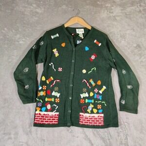 Quacker Factory Sweater Womens Small‎ Green Button Down Christmas Cardigan
